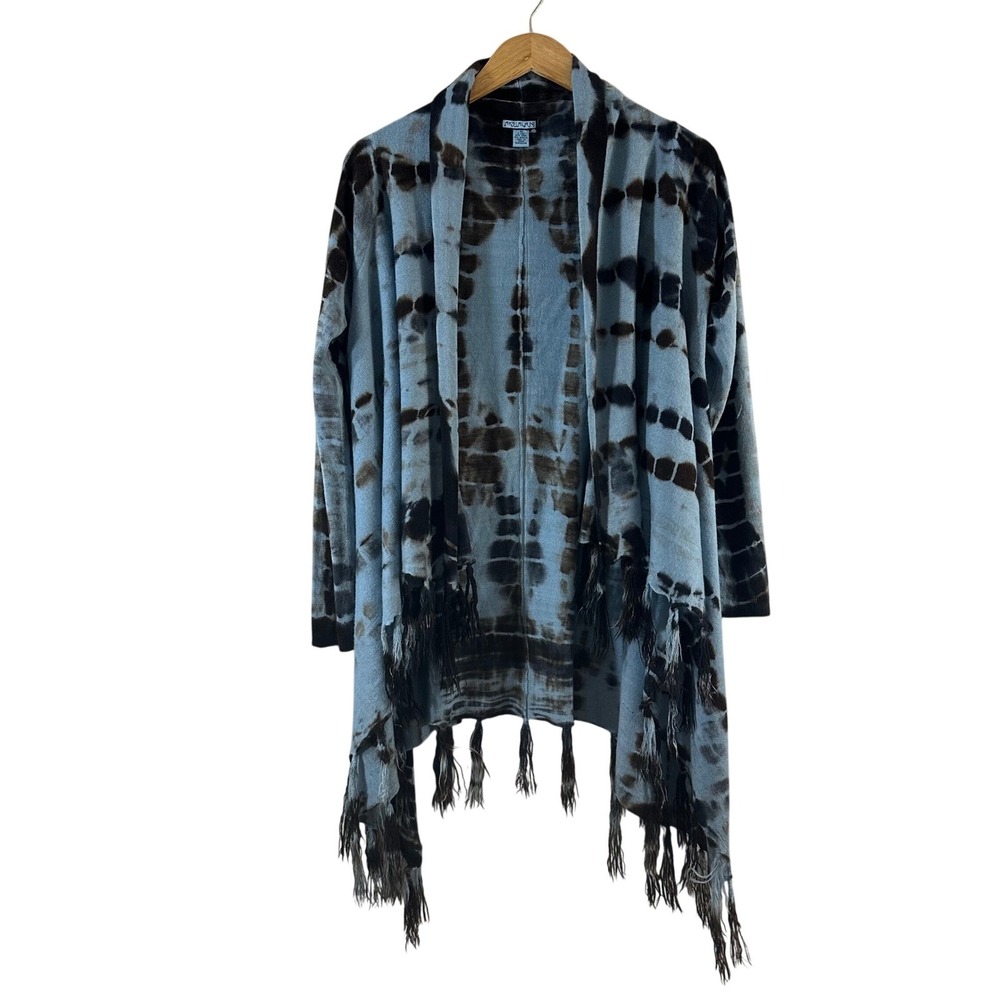 Akualani Women's Open Cardigan Blue Brown Tie-Dye Fringe Wool Blend Size M
